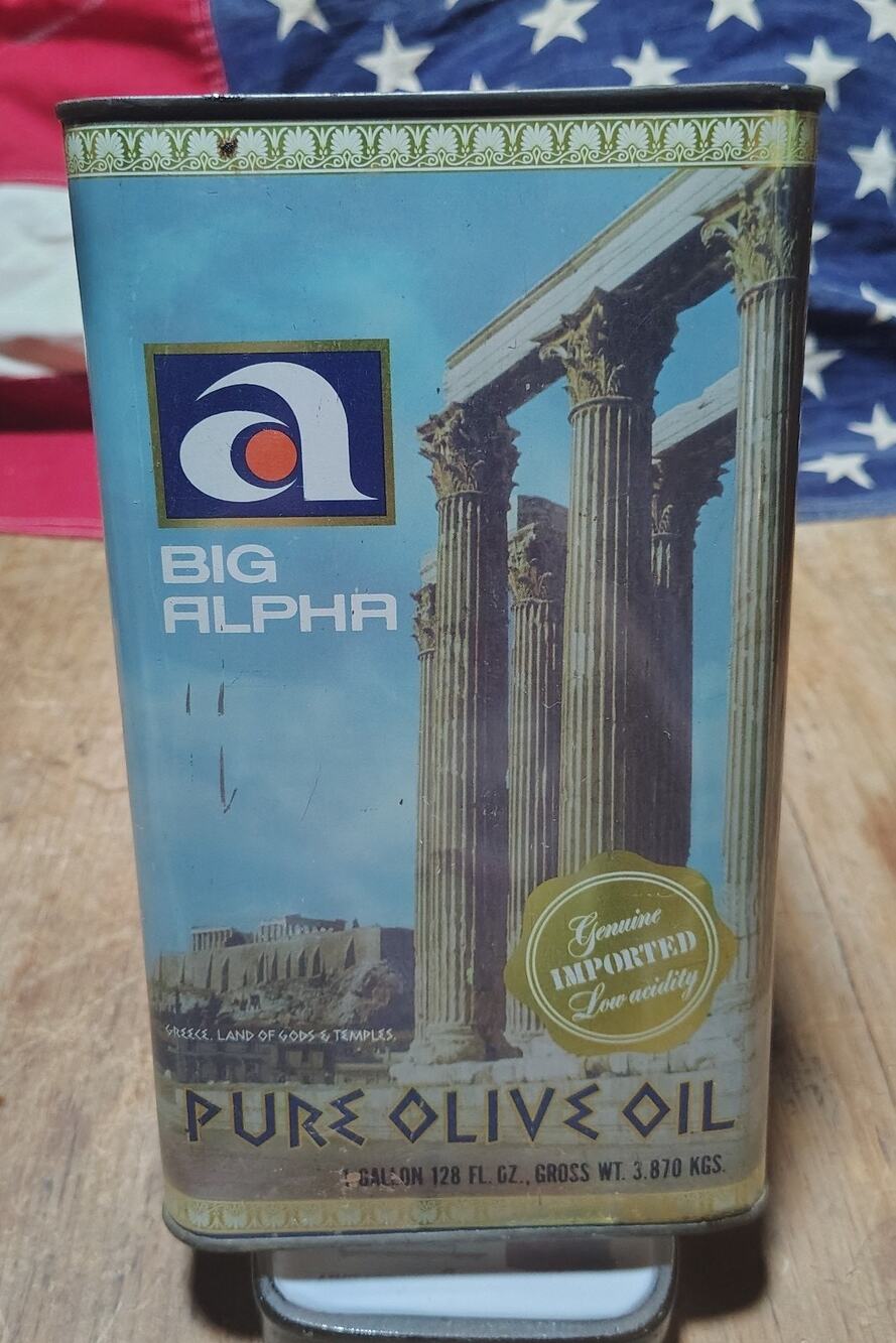 Vintage Big Alpha Olive Oil Advertising Tin Empty For Display Kitchen Decor